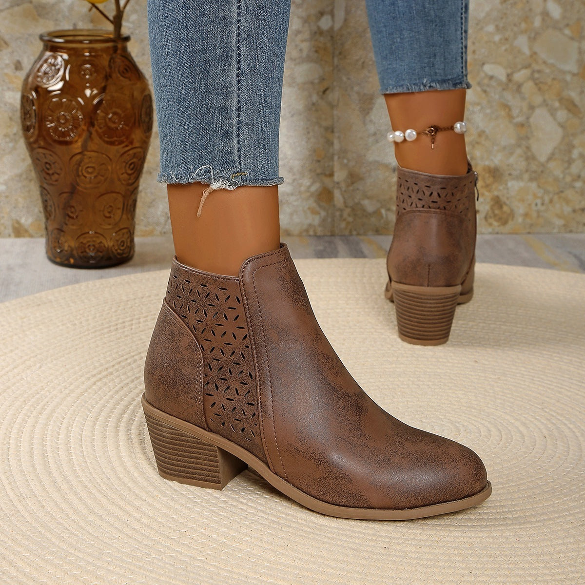 Perforated Block-Heel Ankle Boots