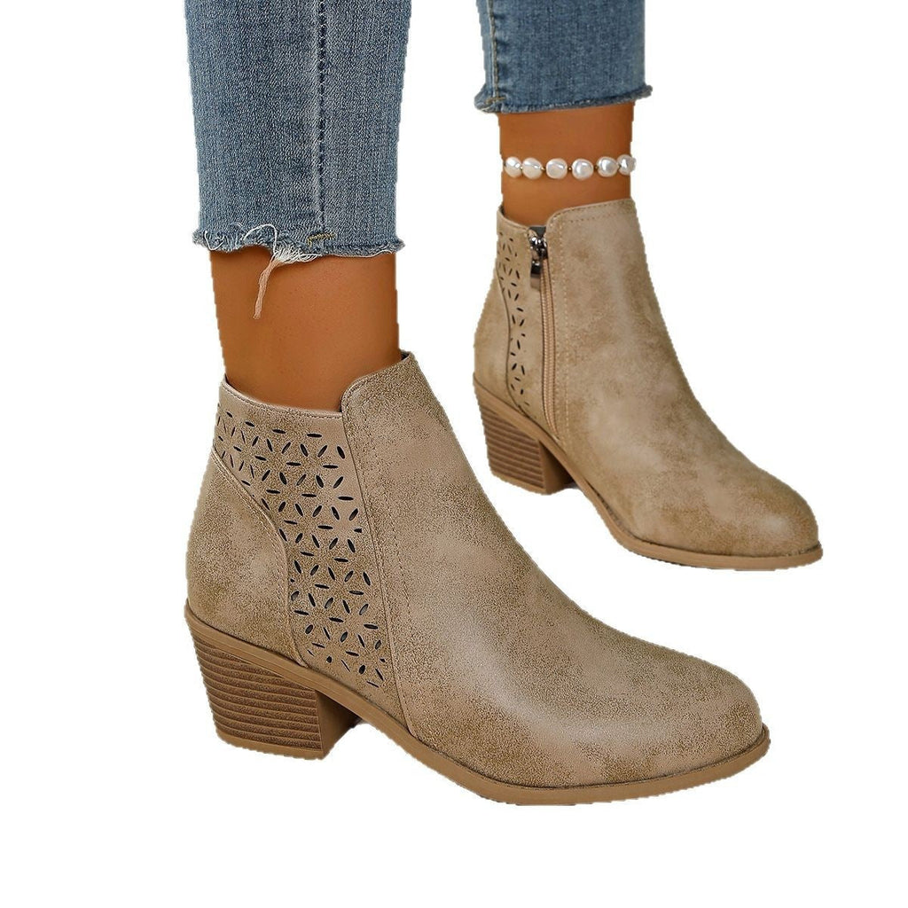 Perforated Block-Heel Ankle Boots