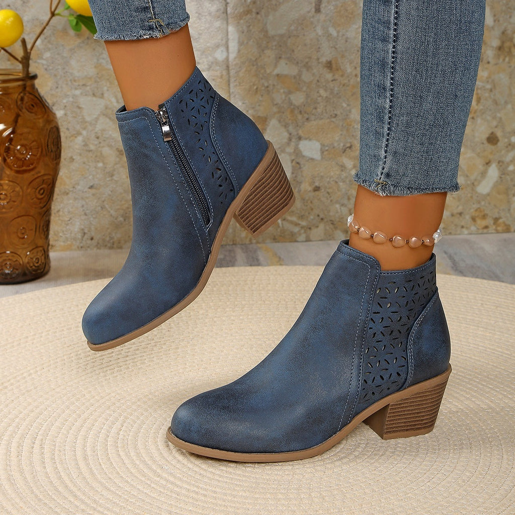 Perforated Block-Heel Ankle Boots