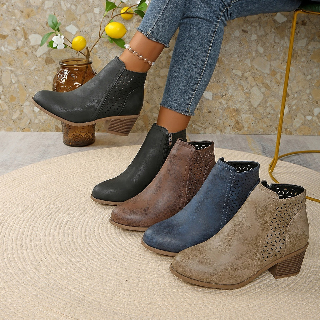 Perforated Block-Heel Ankle Boots