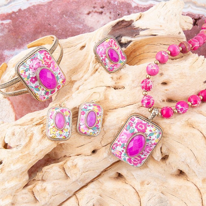 Pink Agate Stacked Stone Floral Cuff Bracelet