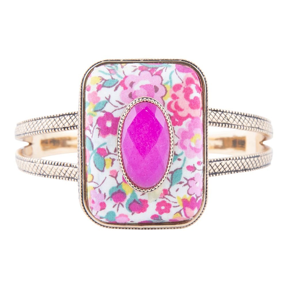 Pink Agate Stacked Stone Floral Cuff Bracelet
